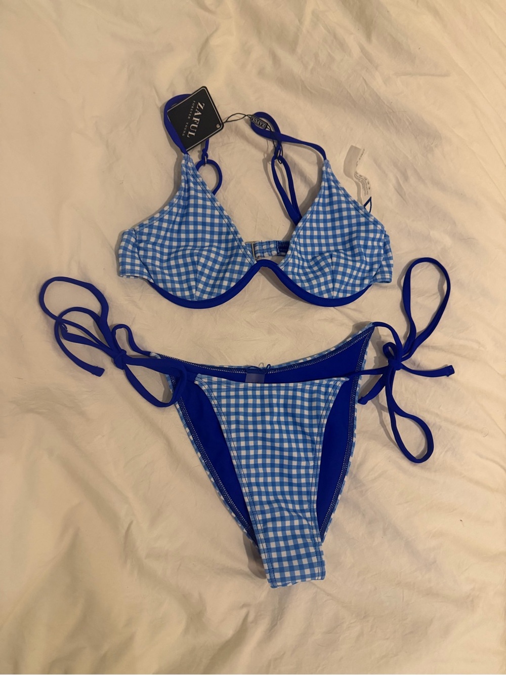 NWT XS blue gingham plaid underwire bikini